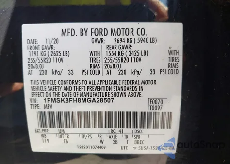 2021 Ford Explorer Limited из США, поврежденный, VIN 1FMSK8FH8MGA28507